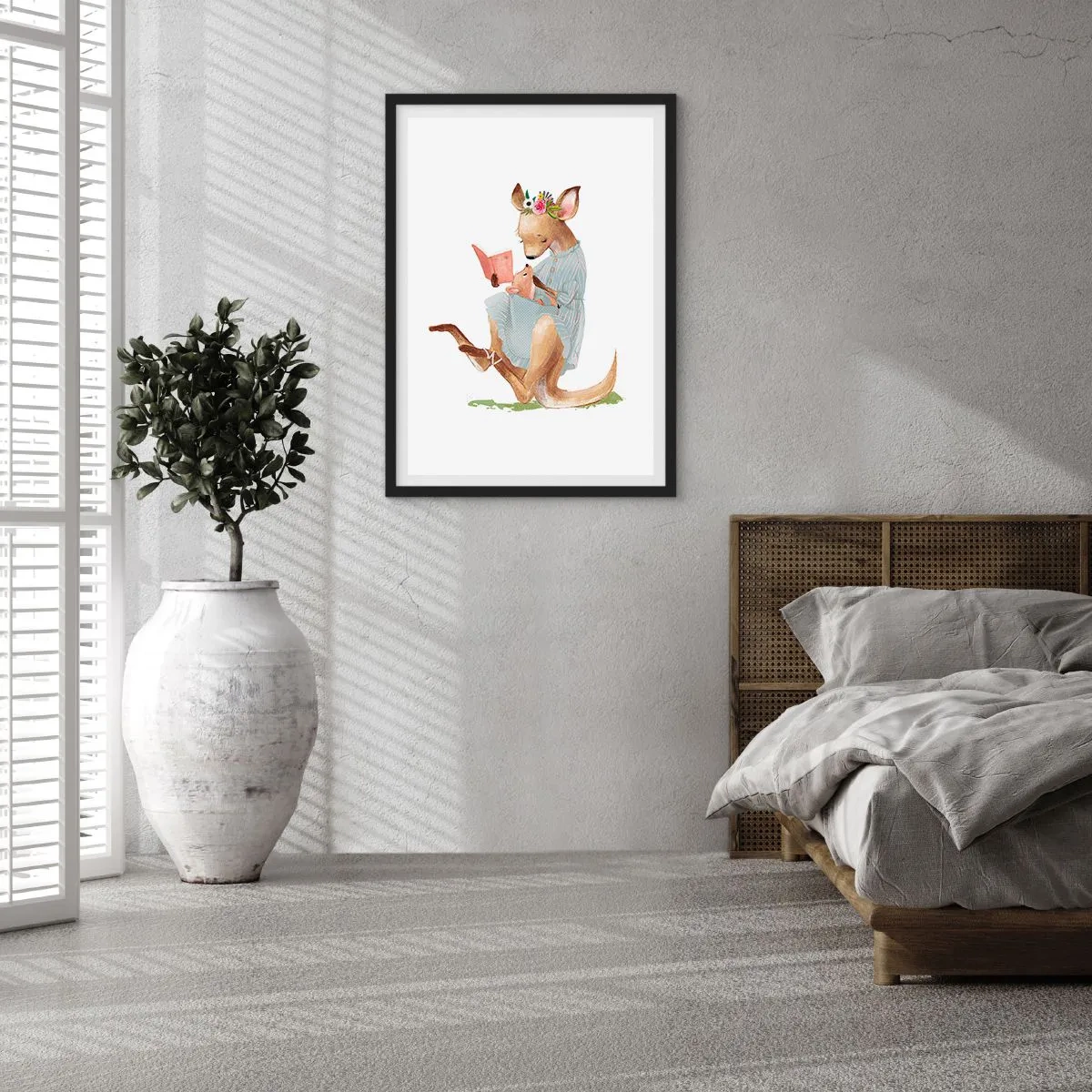 Plagát v čiernom ráme - Klokan číta knihu s dieťaťom v umeleckom štýle. - 50x70cm - Prečítaj mi, mama - Moderná nástenná dekorácia do obývacej izby a spálne ARTTOR