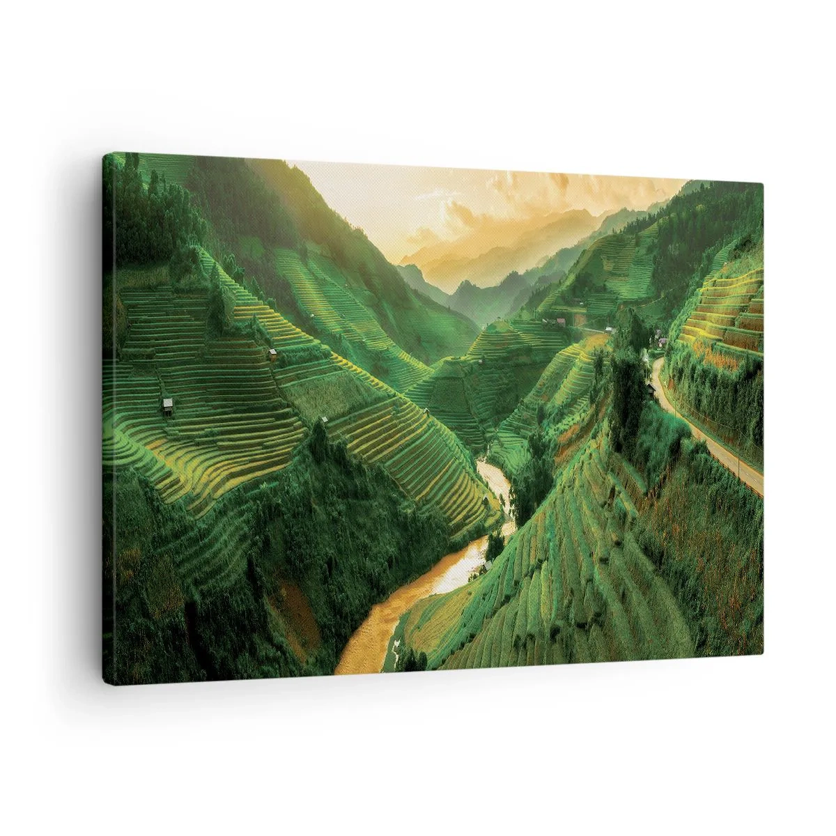 Obraz na plátne - Malebné ryžové terasy v zelenom údolí osvetlenom zapadajúcim slnkom - 70x50cm - Vietnamské údolie - Moderná nástenná dekorácia do obývacej izby a spálne ARTTOR