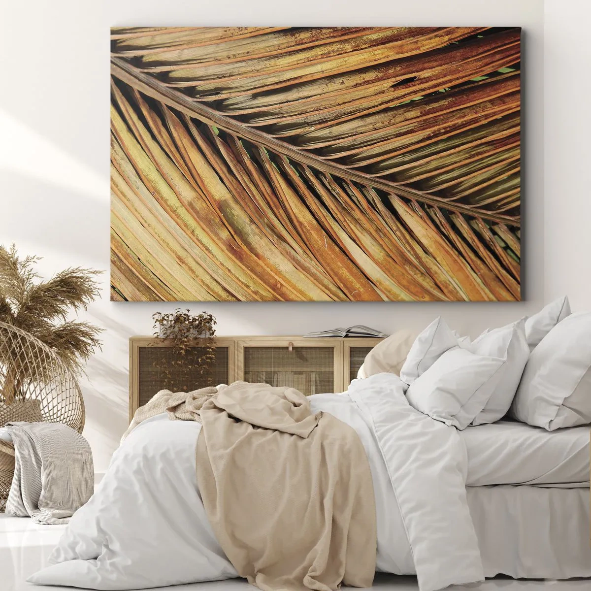 Obraz na plátne - Detail suchého palmového listu v teplých tónoch - 70x50cm - Kokosové zlato - Moderná nástenná dekorácia do obývacej izby a spálne ARTTOR