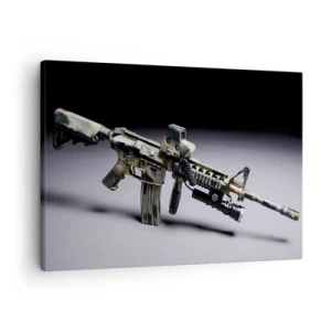 Obraz na plátne - Moderná zbraň v maskáčovej farbe na tmavom pozadí - 70x50cm - Vždy nebezpečný - Moderná nástenná dekorácia do obývacej izby a spálne ARTTOR