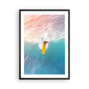 Plagát v čiernom ráme - Surfer jazdiaci na vlne v lúčoch zapadajúceho slnka - 50x70cm - Oceanický jazdec - Moderná nástenná dekorácia do obývacej izby a spálne ARTTOR