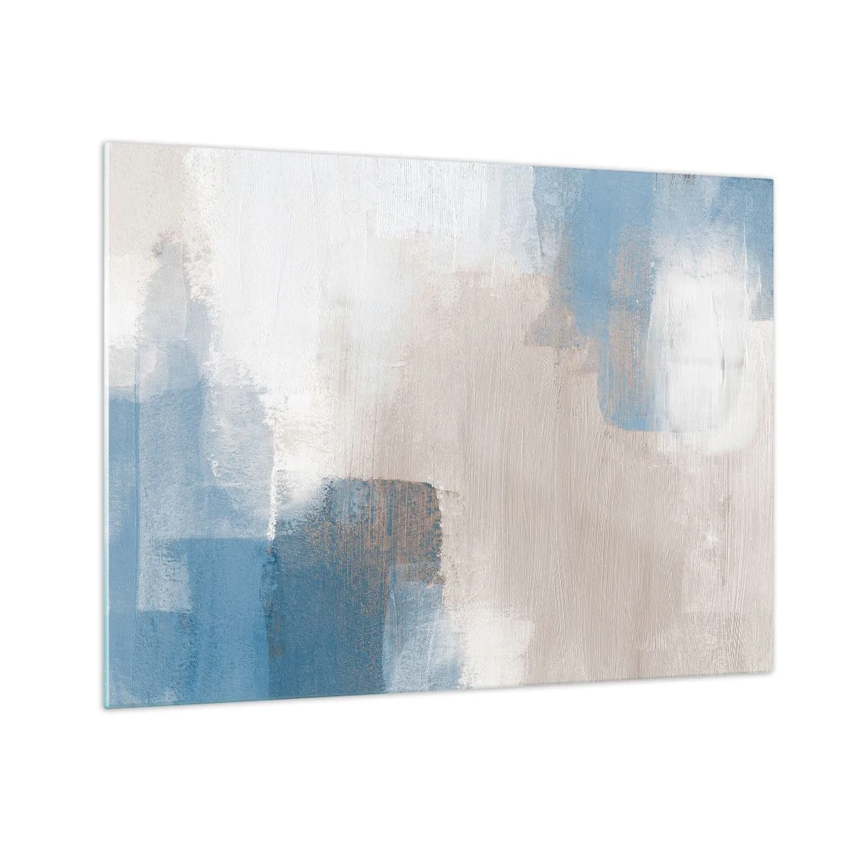 Obraz na skle - Béžová a modrá abstrakcia v pastelových farbách - 70x50cm - Ružová abstrakcia za modrým závojom - Moderná nástenná dekorácia do obývacej izby a spálne ARTTOR
