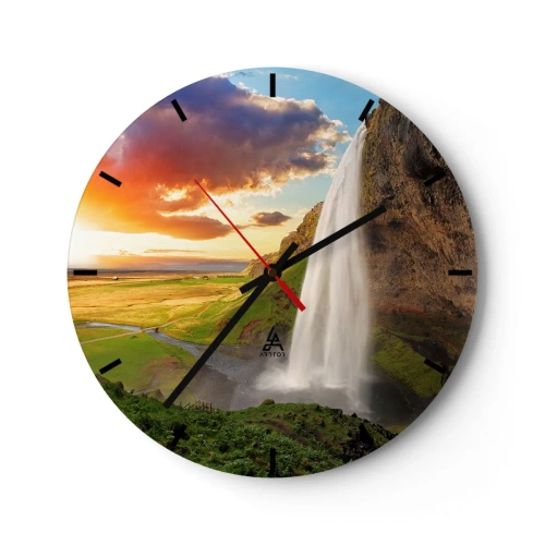 Nástenné hodiny - Vodopád v islandskej krajine pri západe slnka - 30x30cm - Vrchol islandského leta - Moderná nástenná dekorácia do obývacej izby, kuchyne a spálne ARTTOR