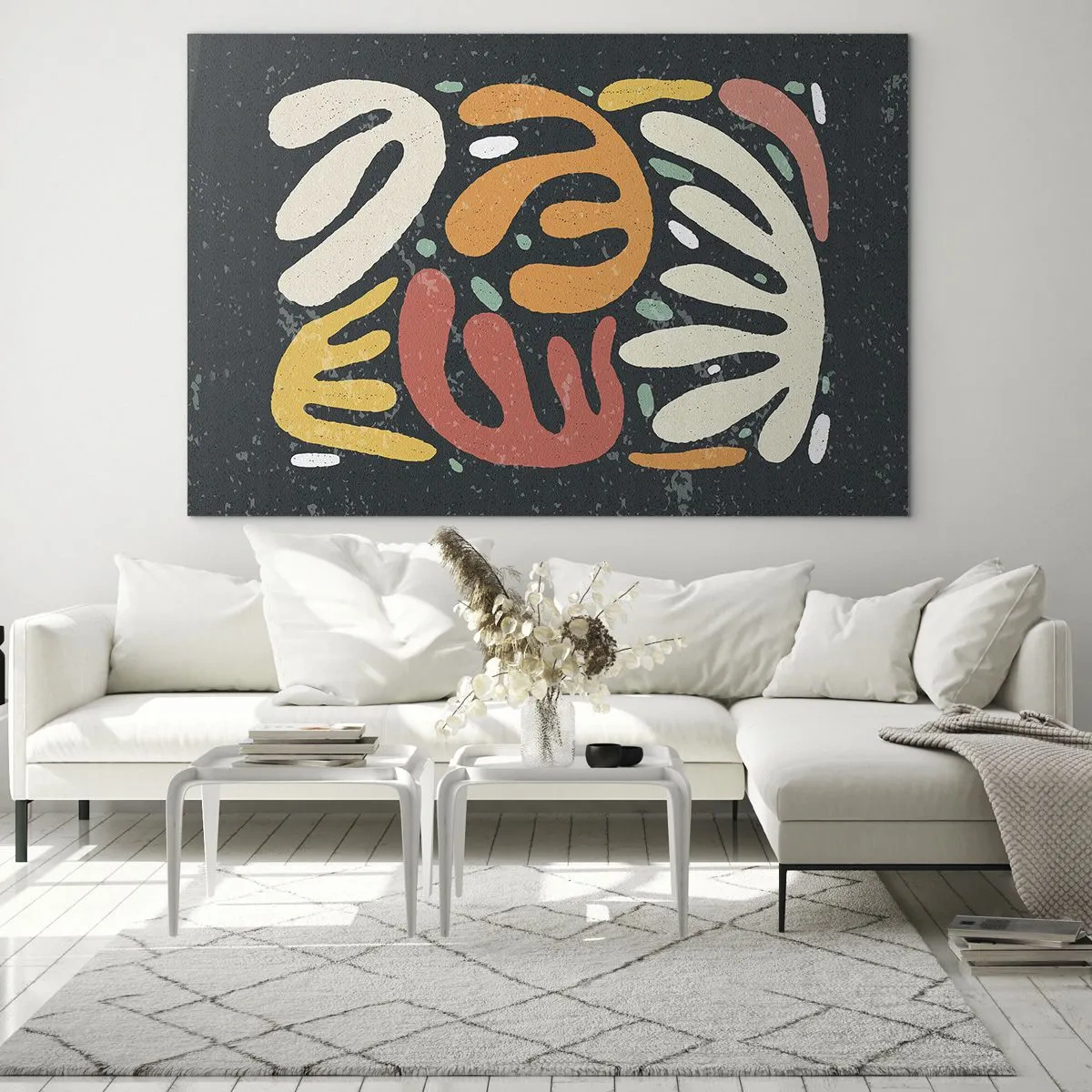 Obraz na skle - Farebné organické tvary na tmavom pozadí v abstraktnom štýle. - 70x50cm - Kompozícia – hneď ťa chytím - Moderná nástenná dekorácia do obývacej izby a spálne ARTTOR