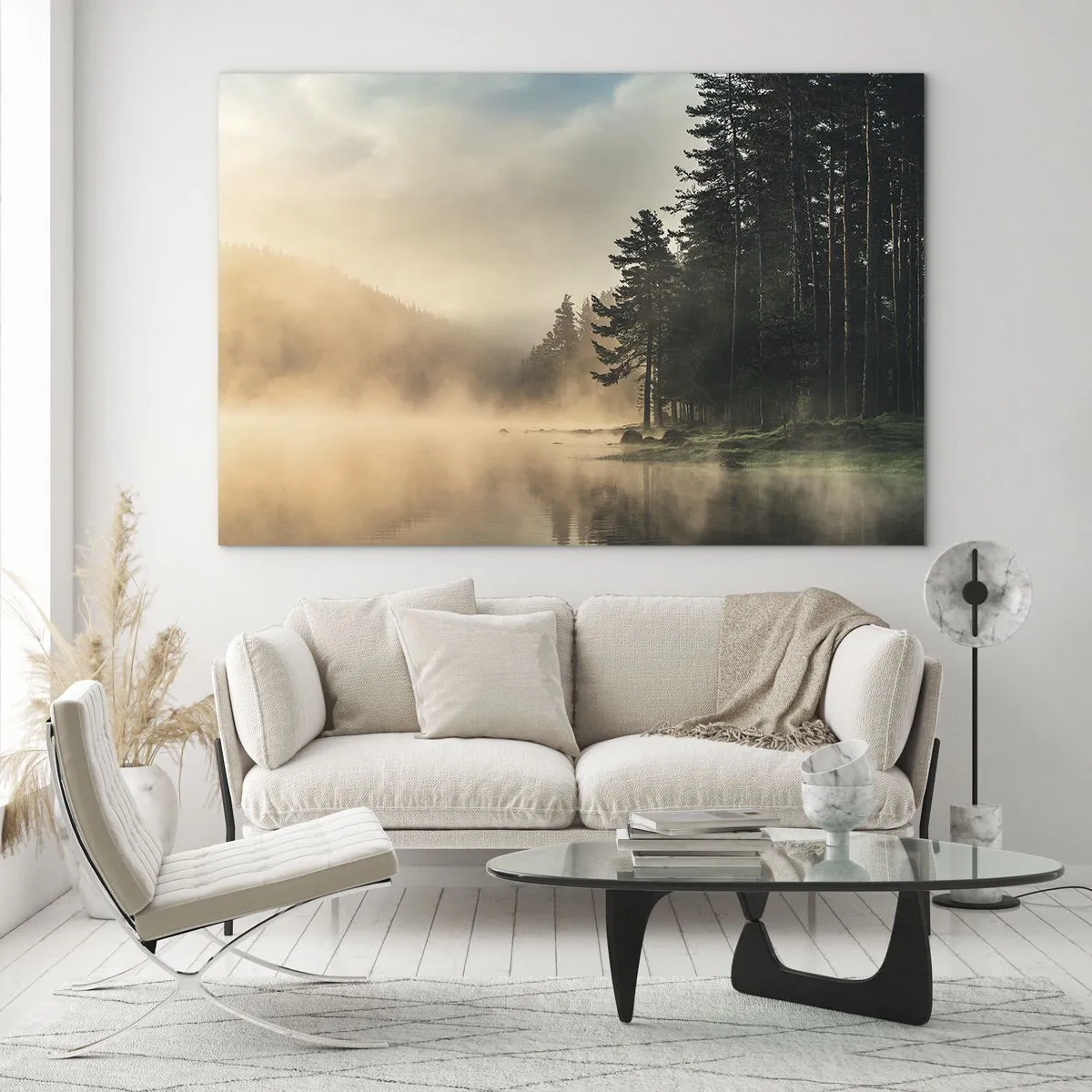Obraz na skle - Hmlisté ráno nad lesným jazerom - 70x50cm - Zrodenie dňa - Moderná nástenná dekorácia do obývacej izby a spálne ARTTOR