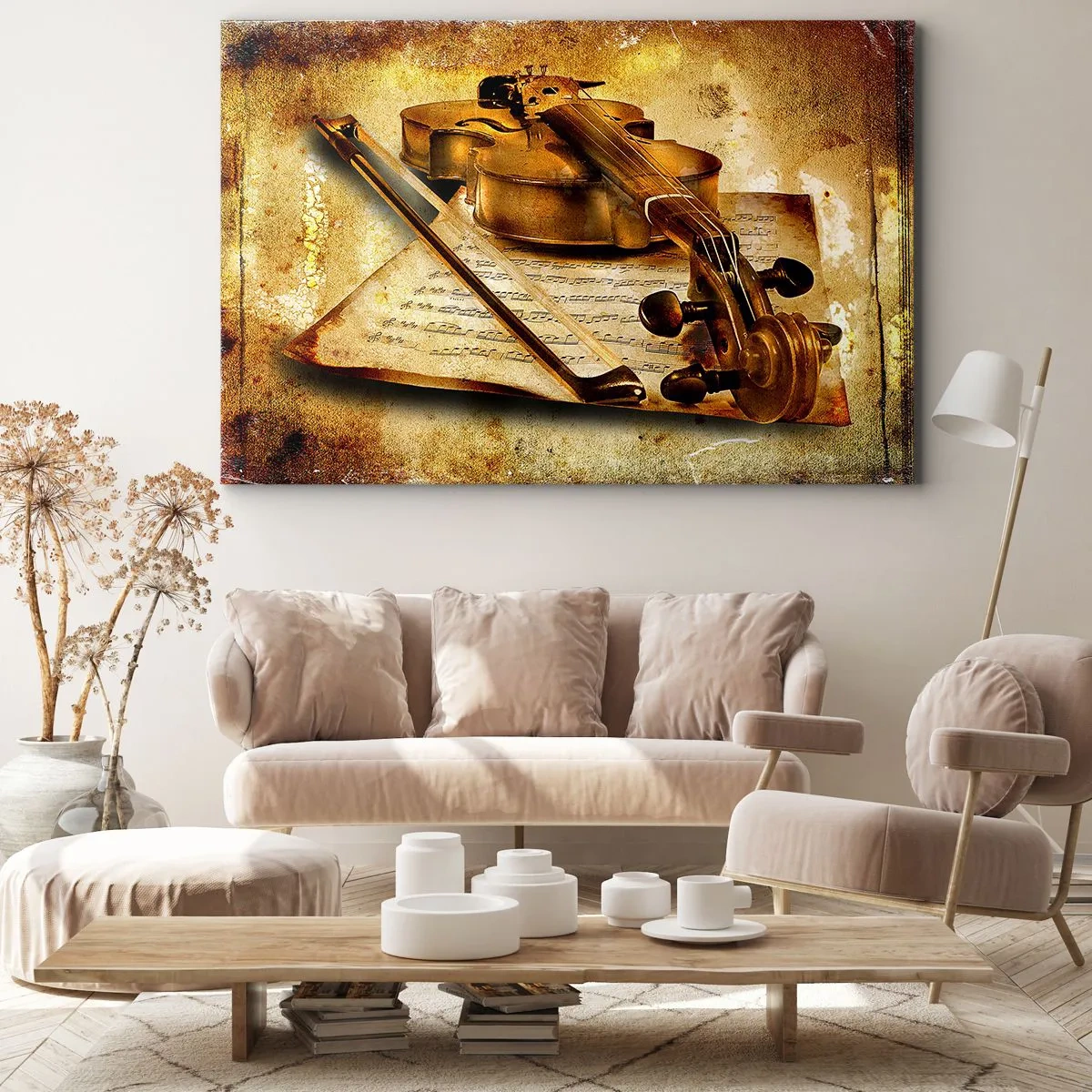 Obraz na plátne - Husle s notovým zápisom na vintage pozadí v teplých tónoch - 70x50cm - Okamžite potrebný virtuóz - Moderná nástenná dekorácia do obývacej izby a spálne ARTTOR