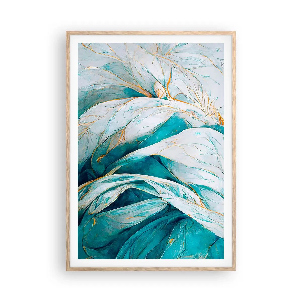 Plagát v ráme zo svetlého duba - Modrá abstrakcia so zlatým motívom - 70x100 cm