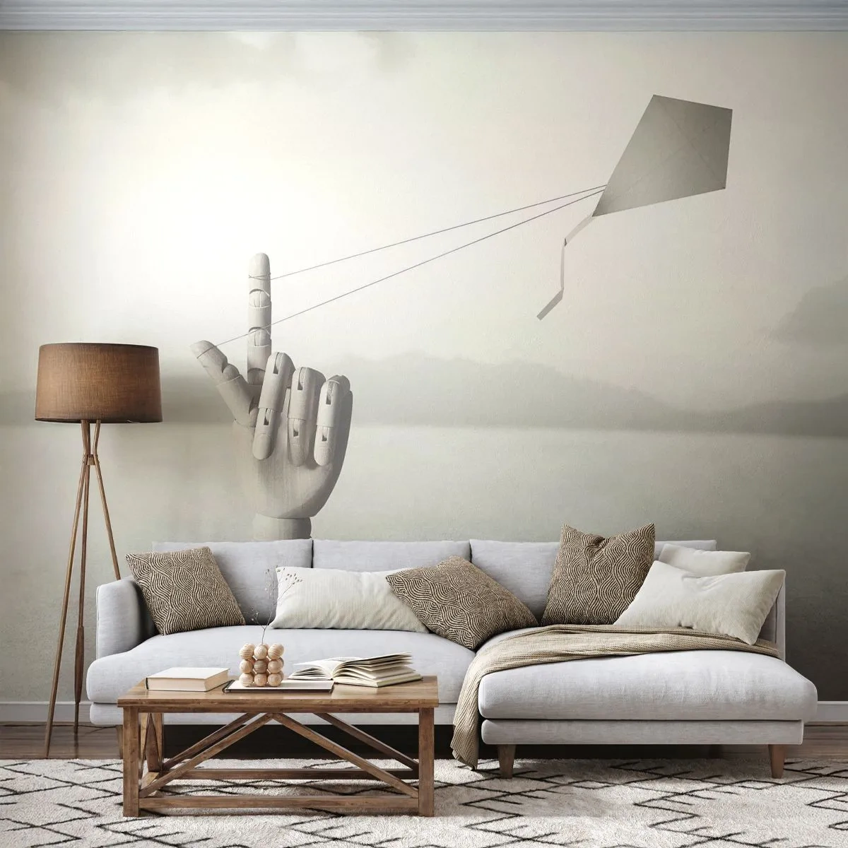 Fototapeta Standard Eco - Minimalistická ruka s drakom na pozadí krajiny. - 100x70cm - Výzva - Moderná nástenná dekorácia do obývacej izby a spálne ARTTOR