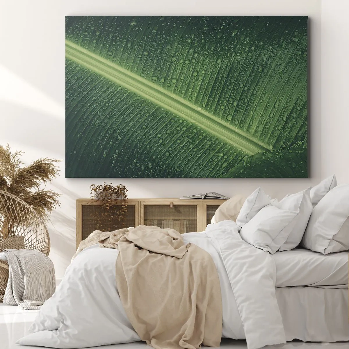 Obraz na plátne - Zelený list s kvapkami vody na jeho povrchu - 70x50cm - Štruktúra zelenej - Moderná nástenná dekorácia do obývacej izby a spálne ARTTOR