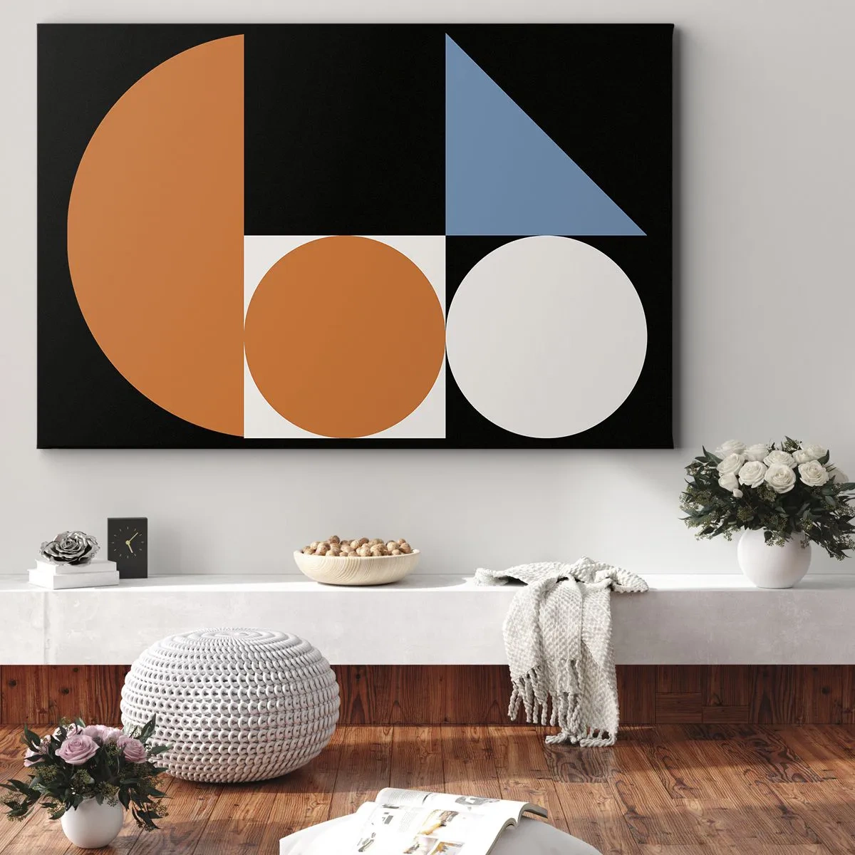 Obraz na plátne - Geometrický vzor s farebnými tvarmi na čiernom pozadí - 70x50cm - Figurínový systém - Moderná nástenná dekorácia do obývacej izby a spálne ARTTOR