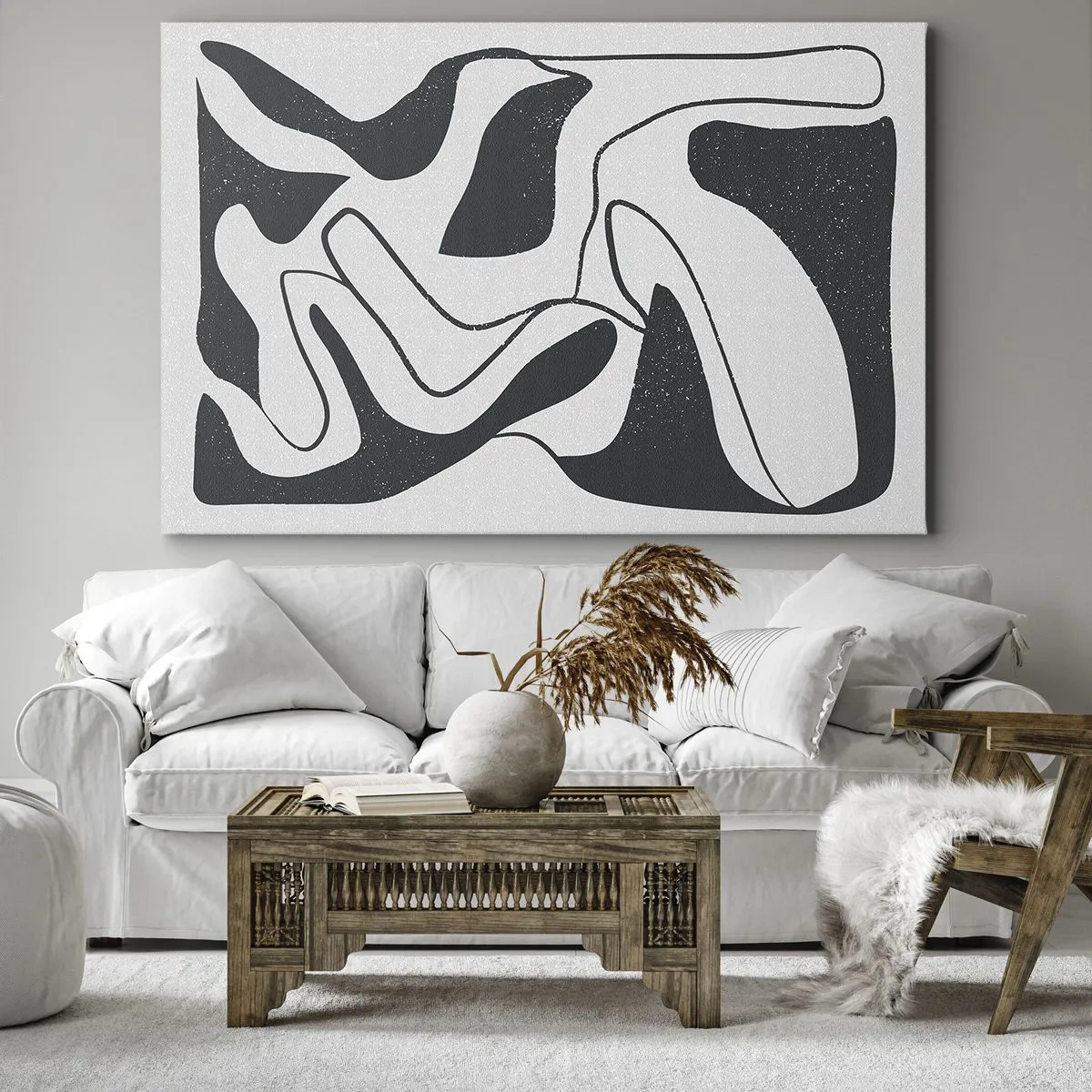 Obraz na plátne - Čiernobiela abstrakcia s organickými tvarmi - 70x50cm - Abstraktná hra v labyrinte - Moderná nástenná dekorácia do obývacej izby a spálne ARTTOR