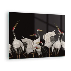 Obraz na skle - Biele žeriavy s červenými hlavami na čiernom pozadí - 70x50cm - Vtáčie záležitosti - Moderná nástenná dekorácia do obývacej izby a spálne ARTTOR