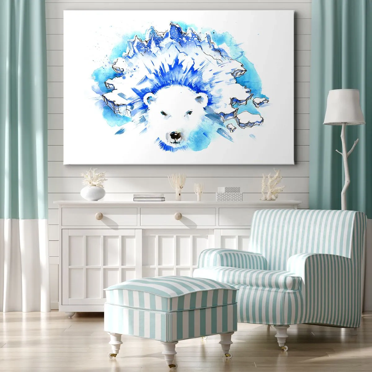 Obraz na plátne - Umelecká akvarelová maľba ľadového medveďa s ľadovým motívom - 70x50cm - Kráľ Arktídy s ľadovou korunou - Moderná nástenná dekorácia do obývacej izby a spálne ARTTOR
