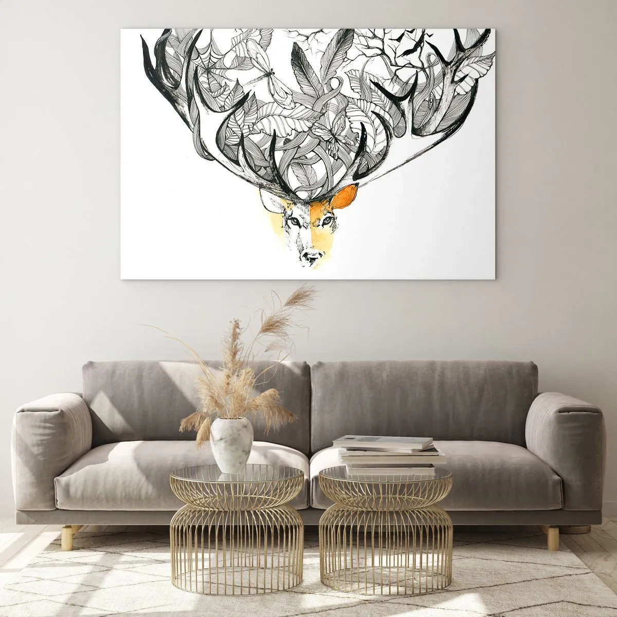 Obraz na skle - Kresba jeleňa s ozdobnými parohmi - 70x50cm - Rohy hojnosti - Moderná nástenná dekorácia do obývacej izby a spálne ARTTOR