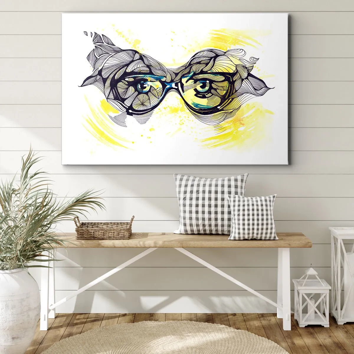 Obraz na plátne - Umelecká grafika okuliarov s výraznými očami - 70x50cm - Cez modré okuliare - Moderná nástenná dekorácia do obývacej izby a spálne ARTTOR