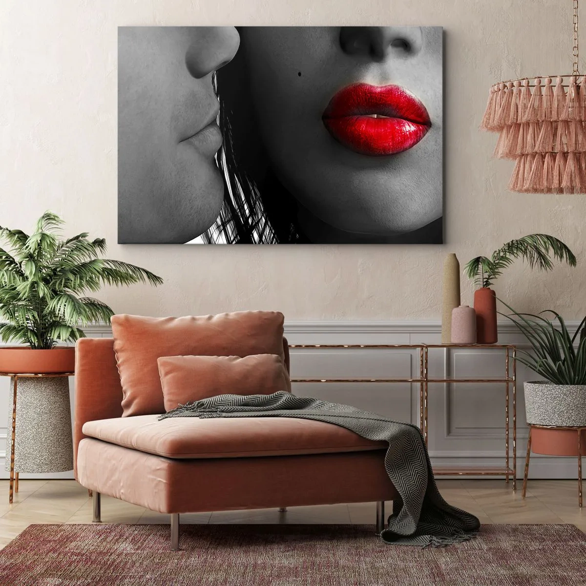 Obraz na plátne - Detailný záber na tváre ženy a muža s červenými perami. - 70x50cm - Tvár pri tvári  - Moderná nástenná dekorácia do obývacej izby a spálne ARTTOR