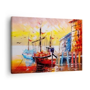 Obraz na plátne - Malebný prístav pri západe slnka s rybárskymi loďami - 70x50cm - Šťastný návrat - Moderná nástenná dekorácia do obývacej izby a spálne ARTTOR
