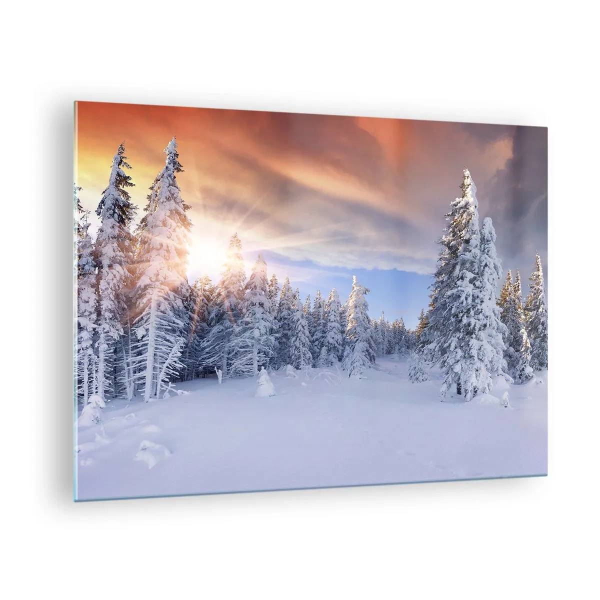 Obraz na skle - Zimná krajina so zasneženými stromami pri západe slnka - 70x50cm - Snežné predstavenie prírody - Moderná nástenná dekorácia do obývacej izby a spálne ARTTOR
