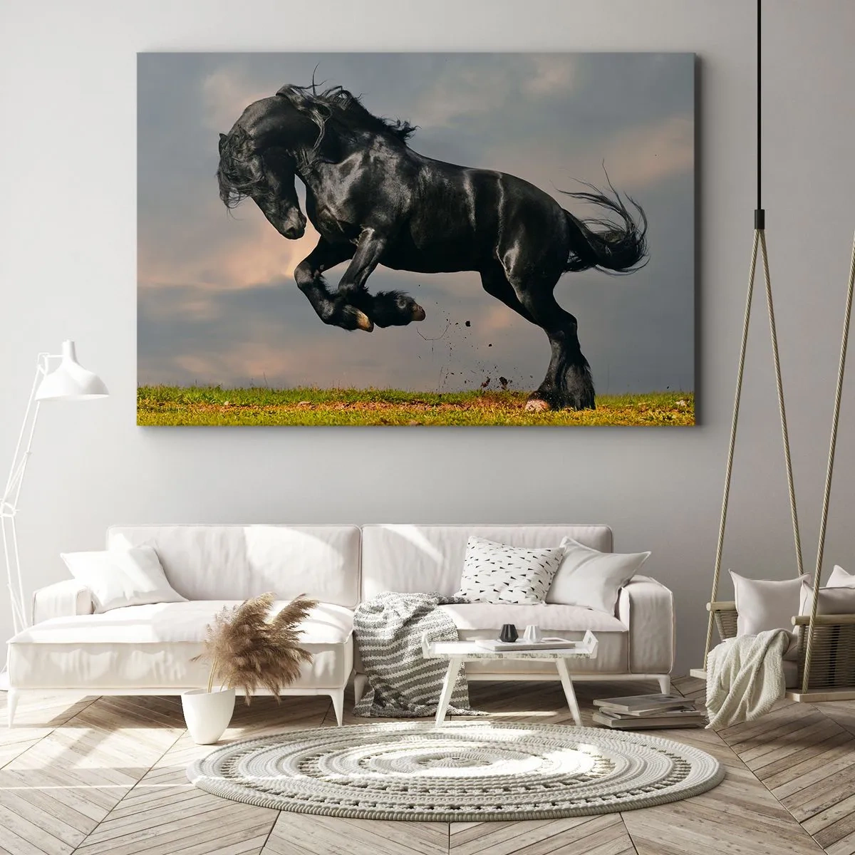 Obraz na plátne - Tmavý kôň v dynamickom skoku proti oblohe - 70x50cm - Krásny a slobodný - Moderná nástenná dekorácia do obývacej izby a spálne ARTTOR