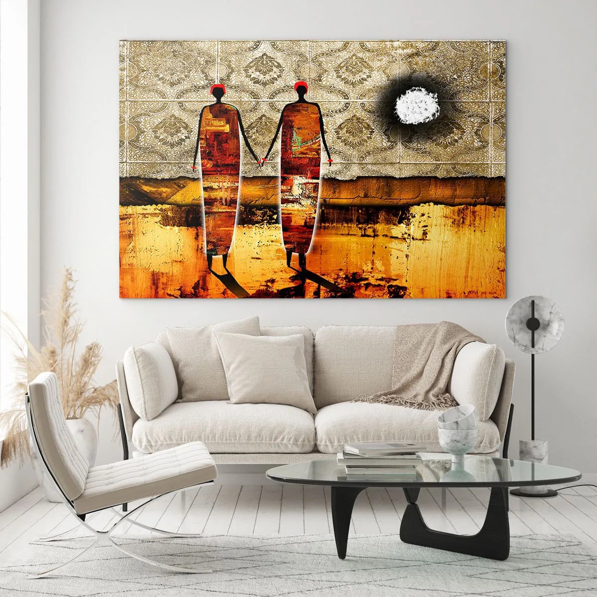 Obraz na skle - Dve abstraktné postavy na pozadí ornamentu a zlatých odtieňov - 70x50cm - Etnická kompozícia vo farbách Afriky - Moderná nástenná dekorácia do obývacej izby a spálne ARTTOR