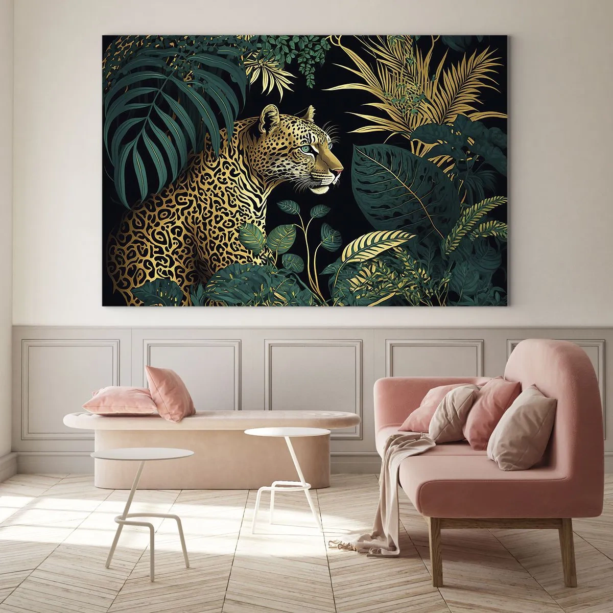Obraz na skle - Leopard medzi tropickými listami na tmavom pozadí - 70x50cm - Hospodár v džungli - Moderná nástenná dekorácia do obývacej izby a spálne ARTTOR