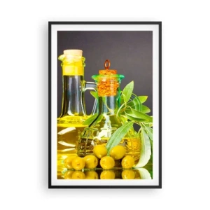 Plagát v čiernom ráme - Zátišie s olivami a olejom - 61x91 cm