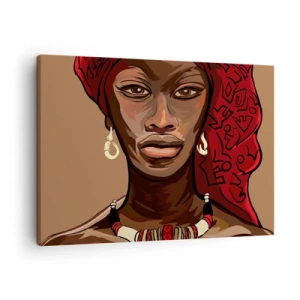 Obraz na plátne - Portrét ženy s červeným turbanom na béžovom pozadí - 70x50cm - Ebenová Venuša - Moderná nástenná dekorácia do obývacej izby a spálne ARTTOR