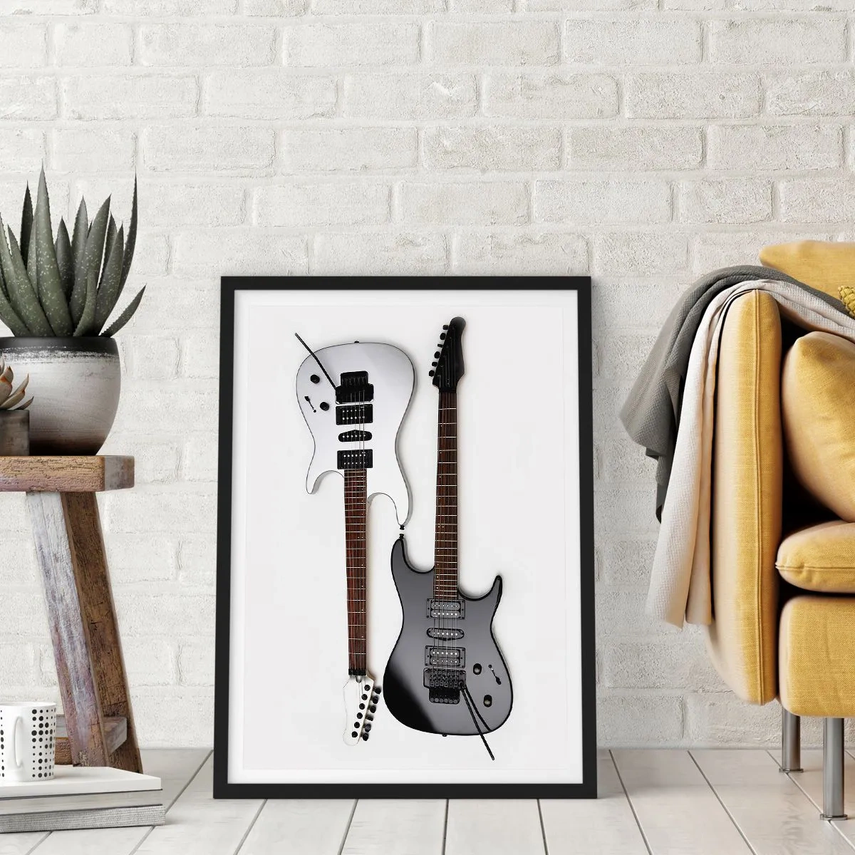 Plagát v čiernom ráme - Moderné elektrické gitary na bielom pozadí - 50x70cm - Harmónia tvarov - Moderná nástenná dekorácia do obývacej izby a spálne ARTTOR