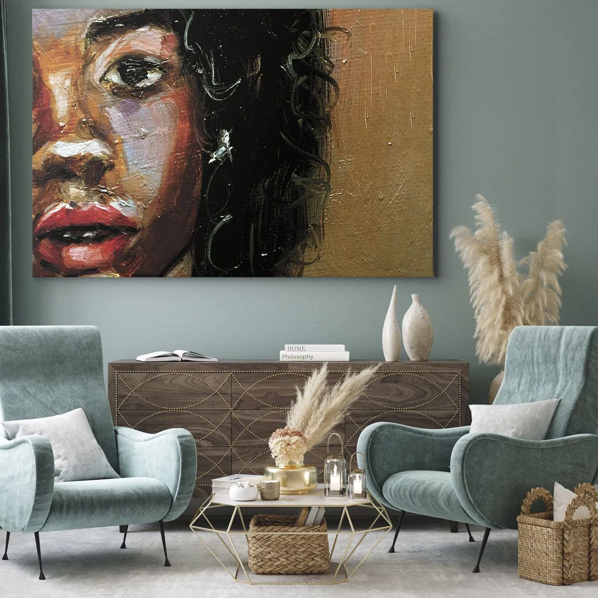 Obraz na plátne - Expresívny portrét ženy v intenzívnych farbách. - 70x50cm - Čierna a jas - Moderná nástenná dekorácia do obývacej izby a spálne ARTTOR