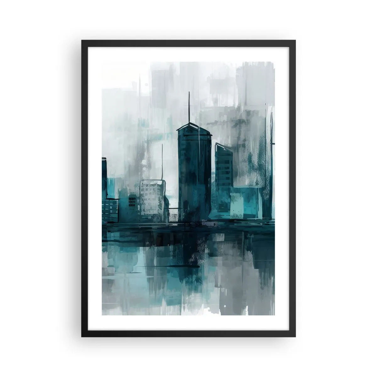 Plagát v čiernom ráme - Moderná panoráma mesta v odtieňoch modrej - 50x70cm - Mesto vo farbe dažďa - Moderná nástenná dekorácia do obývacej izby a spálne ARTTOR