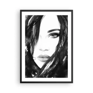 Plagát v čiernom ráme - Čiernobiely akvarel ženskej tváre - 50x70cm - Portrét dámy v čiernej a bielej - Moderná nástenná dekorácia do obývacej izby a spálne ARTTOR