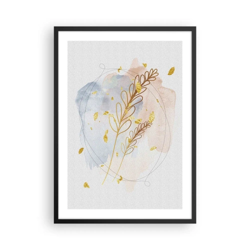 Plagát v čiernom ráme - Jemná botanická kompozícia so zlatými detailmi - 50x70cm - Zlatý závan - Moderná nástenná dekorácia do obývacej izby a spálne ARTTOR