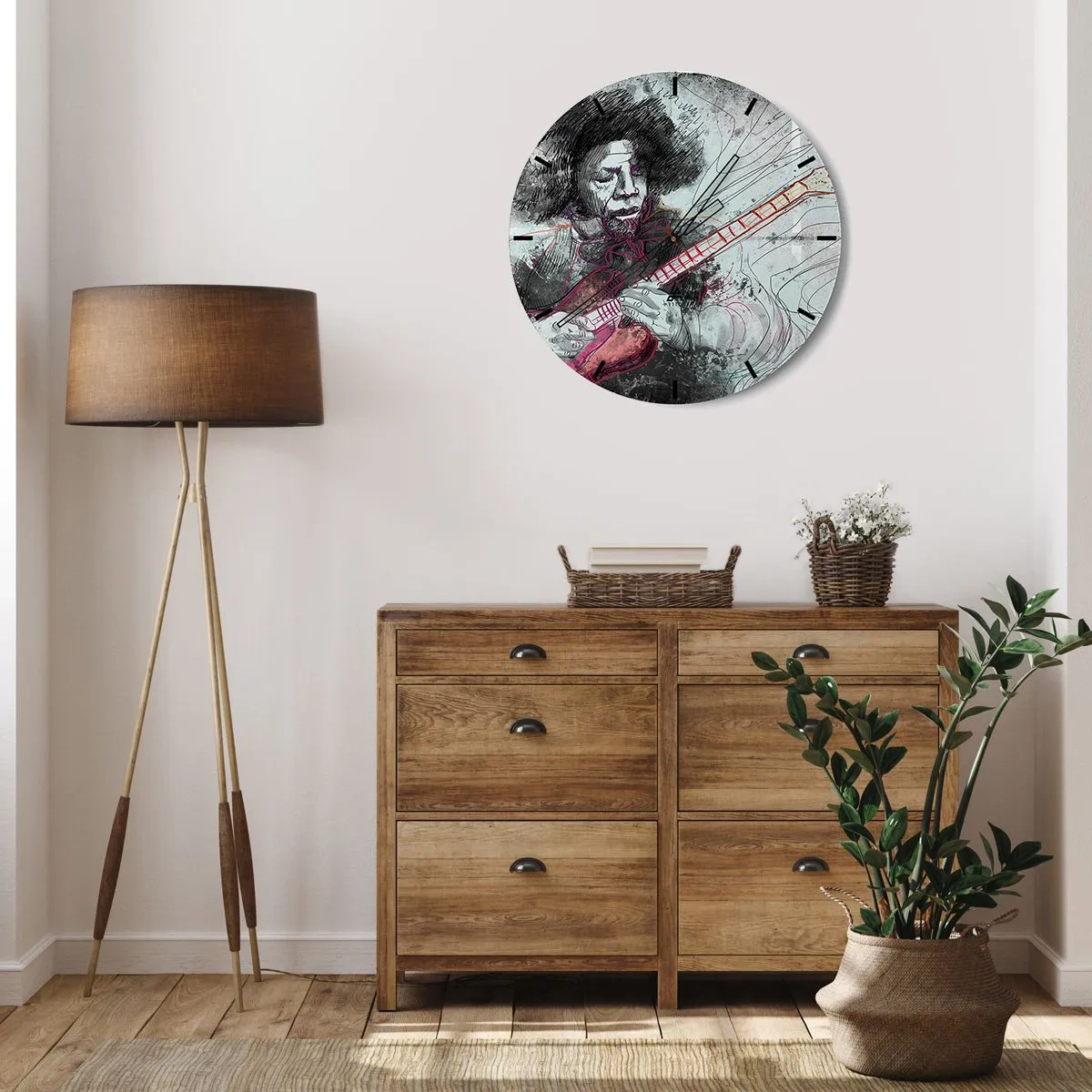 Nástenné hodiny - Umelecký gitaristický motív v pastelových odtieňoch - 30x30cm - Na vlnách hudby - Moderná nástenná dekorácia do obývacej izby, kuchyne a spálne ARTTOR