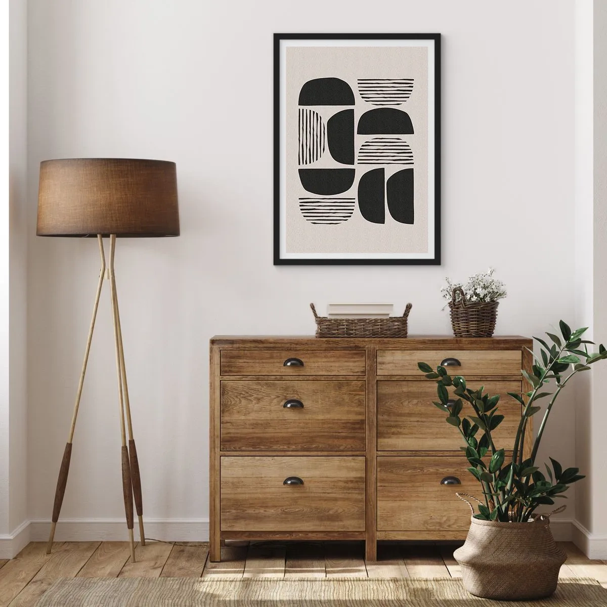 Plagát v čiernom ráme - Geometrická abstrakcia s čiernymi tvarmi a čiarami - 50x70cm - Polovičaté sústavy - Moderná nástenná dekorácia do obývacej izby a spálne ARTTOR