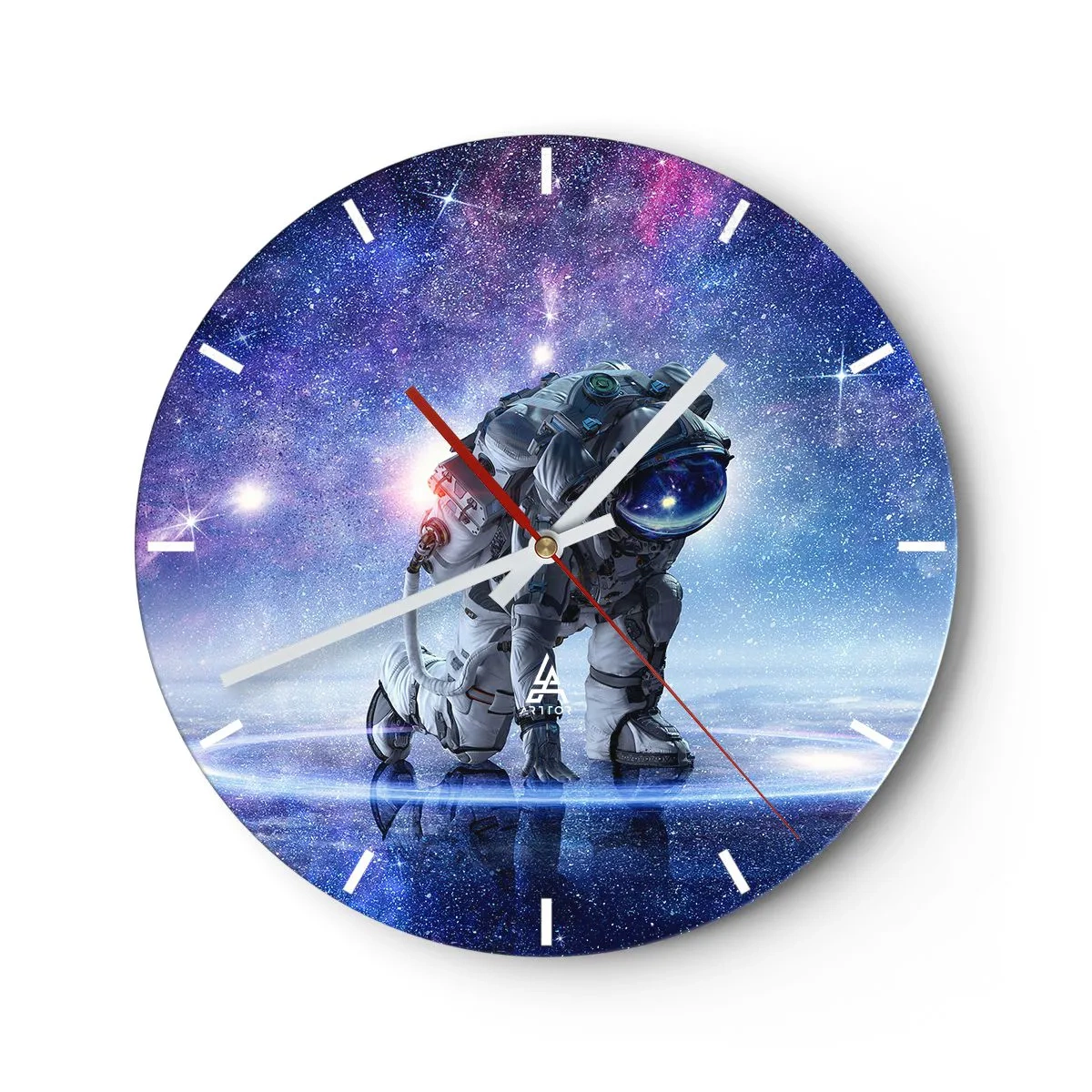Nástenné hodiny - Astronaut na pozadí kozmickej galaxie v intenzívnych farbách. - 30x30cm - Hviezdne nebo nado mnou - Moderná nástenná dekorácia do obývacej izby, kuchyne a spálne ARTTOR