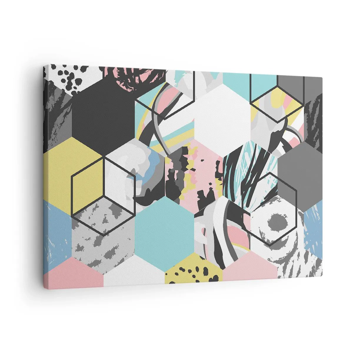 Obraz na plátne - Geometrický šesťuholníkový vzor s farebnými abstraktnými detailmi - 70x50cm - Šesťuholníky a kocky v šiestich farbách - Moderná nástenná dekorácia do obývacej izby a spálne ARTTOR