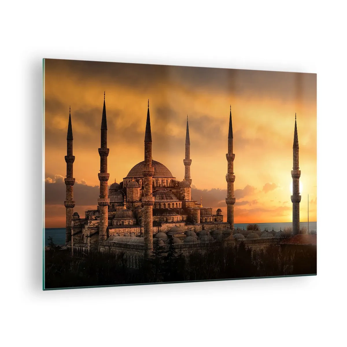 Obraz na skle - Modrá mešita na pozadí západu slnka - 70x50cm - Boh je veľký - Moderná nástenná dekorácia do obývacej izby a spálne ARTTOR