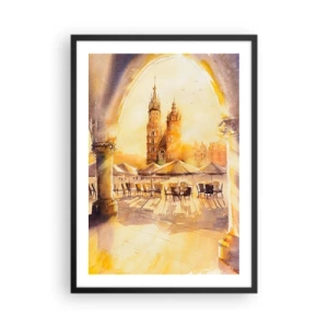 Plagát v čiernom ráme - Akvarel zobrazujúci krakovské trhové námestie pri západe slnka. - 50x70cm - Východ slnka nad krakovským námestím - Moderná nástenná dekorácia do obývacej izby a spálne ARTTOR