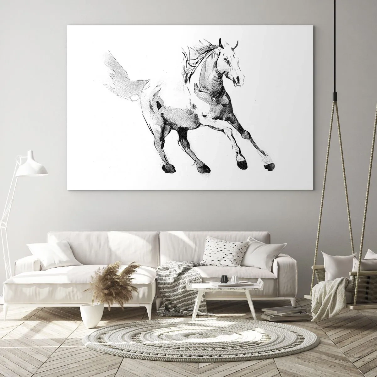 Obraz na skle - Čiernobiela skica cválajúceho koňa na bielom pozadí - 70x50cm - Neskrotená duša - Moderná nástenná dekorácia do obývacej izby a spálne ARTTOR