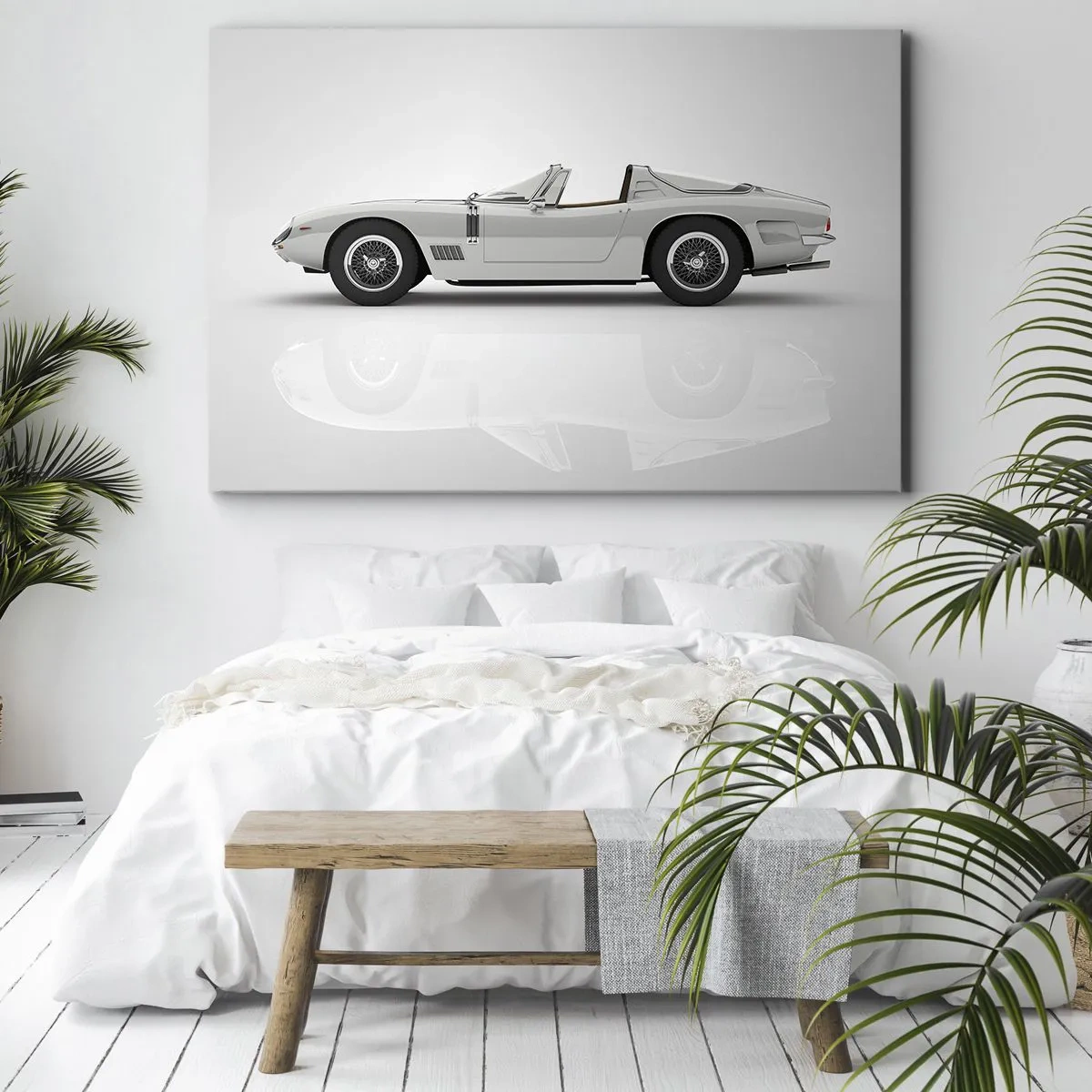 Obraz na plátne - Klasický biely kabriolet na svetlom pozadí - 70x50cm - Prísľub zábavy - Moderná nástenná dekorácia do obývacej izby a spálne ARTTOR