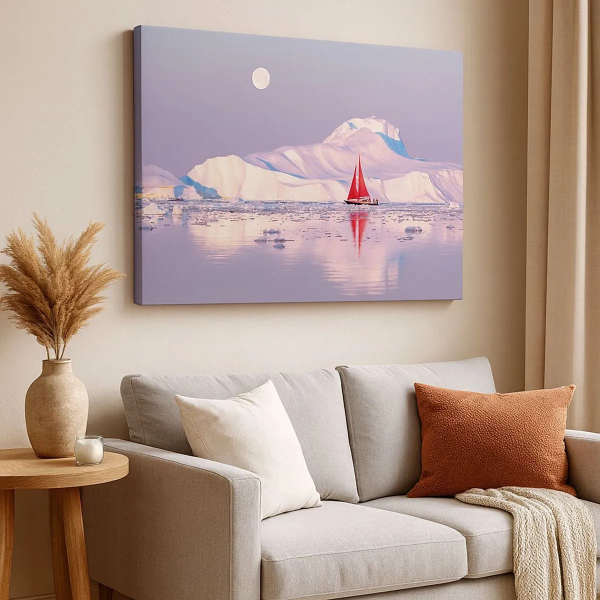 Obraz na plátne - Červená plachta na pozadí ľadových hôr a splnu. - 70x50cm - Žiar plachty, chlad ľadu - Moderná nástenná dekorácia do obývacej izby a spálne ARTTOR