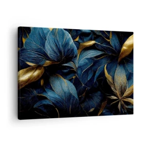 Obraz na plátne - Elegantné listy v odtieňoch zlatej a tmavomodrej - 70x50cm - Podšívané zlatom - Moderná nástenná dekorácia do obývacej izby a spálne ARTTOR