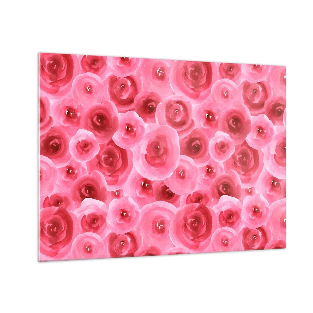 Obraz na skle - Akvarelové ružové vzory v odtieňoch červenej a ružovej - 70x50cm - Ruže dole aj hore - Moderná nástenná dekorácia do obývacej izby a spálne ARTTOR