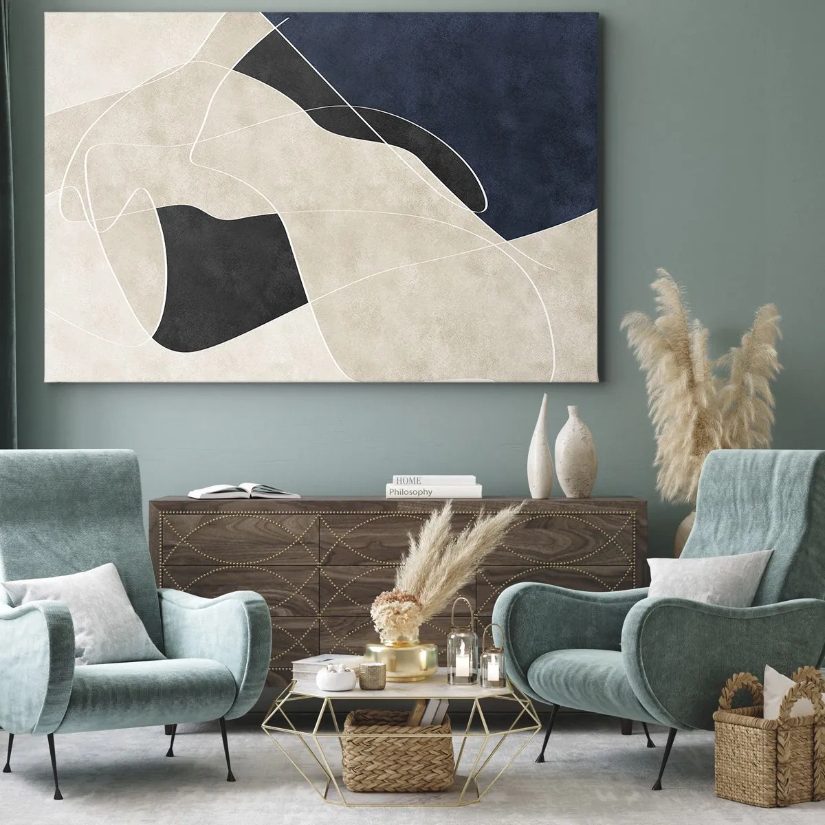 Obraz na plátne - Geometrická abstrakcia v odtieňoch béžovej a námorníckej modrej - 70x50cm - Abstraktná kompozícia – kontrast farieb - Moderná nástenná dekorácia do obývacej izby a spálne ARTTOR