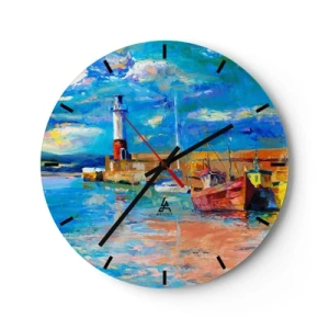 Nástenné hodiny - Maják a lode v malebnom farebnom prostredí - 30x30cm - Popoludní v dúhovom zálive - Moderná nástenná dekorácia do obývacej izby, kuchyne a spálne ARTTOR