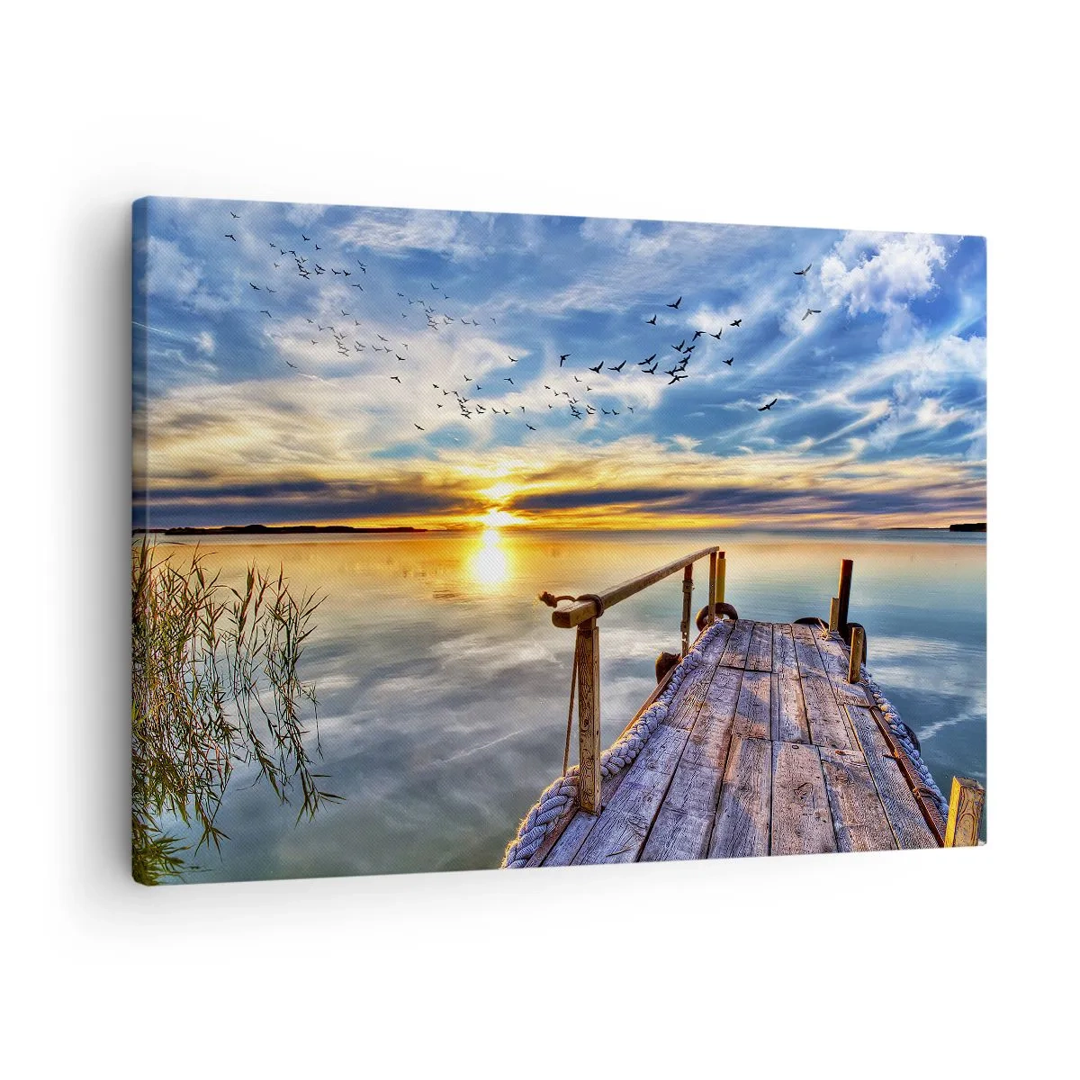 Obraz na plátne - Drevené mólo nad jazerom pri západe slnka - 70x50cm - Vietor ide odpočívať - Moderná nástenná dekorácia do obývacej izby a spálne ARTTOR