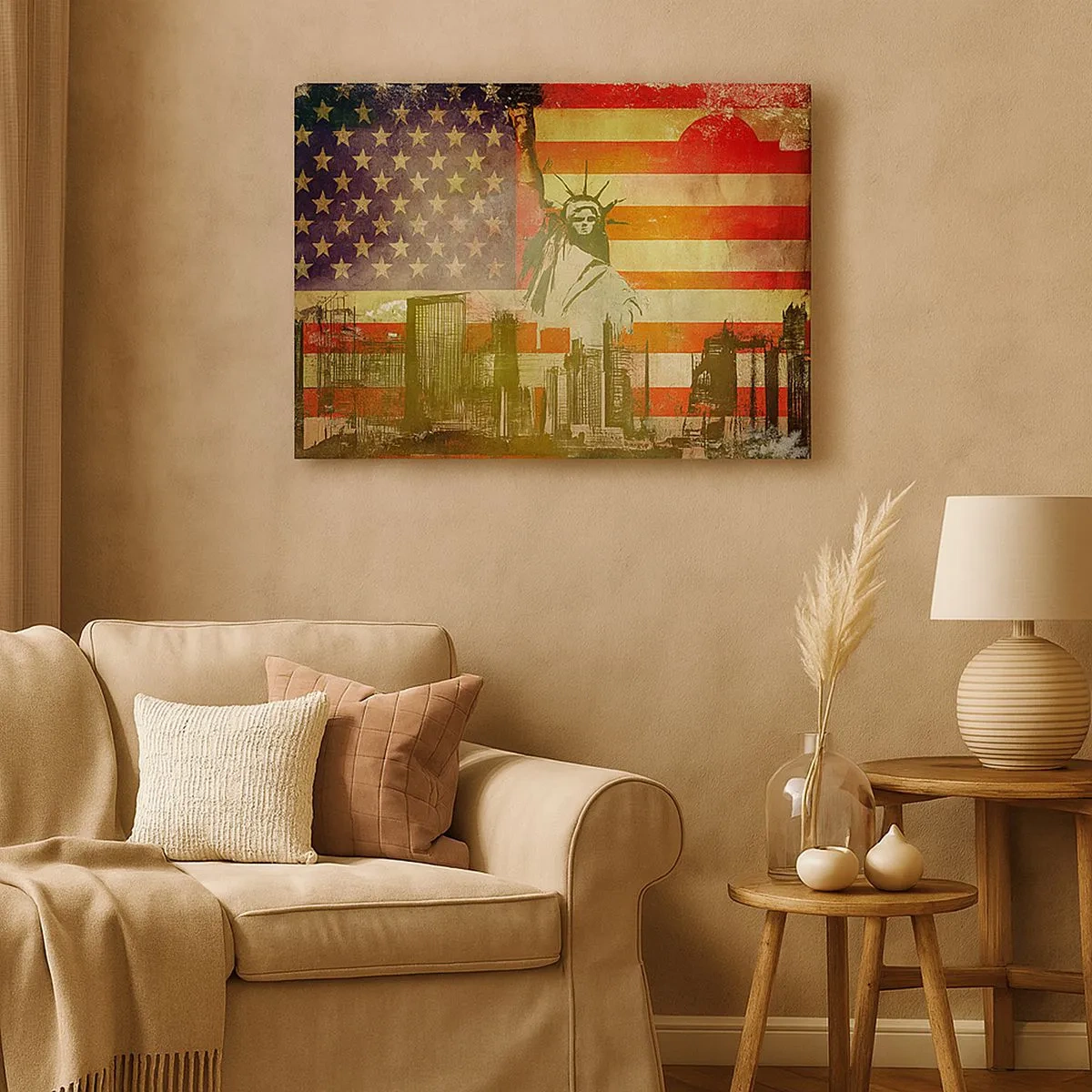 Obraz na plátne - Socha slobody na pozadí americkej vlajky a panorámy mesta - 70x50cm - Viva America! - Moderná nástenná dekorácia do obývacej izby a spálne ARTTOR