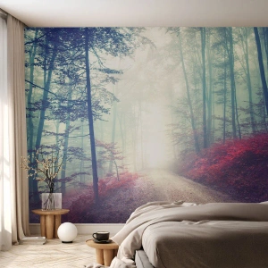 Fototapeta Standard Eco - Lesná cesta v hmle s magickými farbami listov - 100x70cm - Je dobre vstať s východom slnka - Moderná nástenná dekorácia do obývacej izby a spálne ARTTOR
