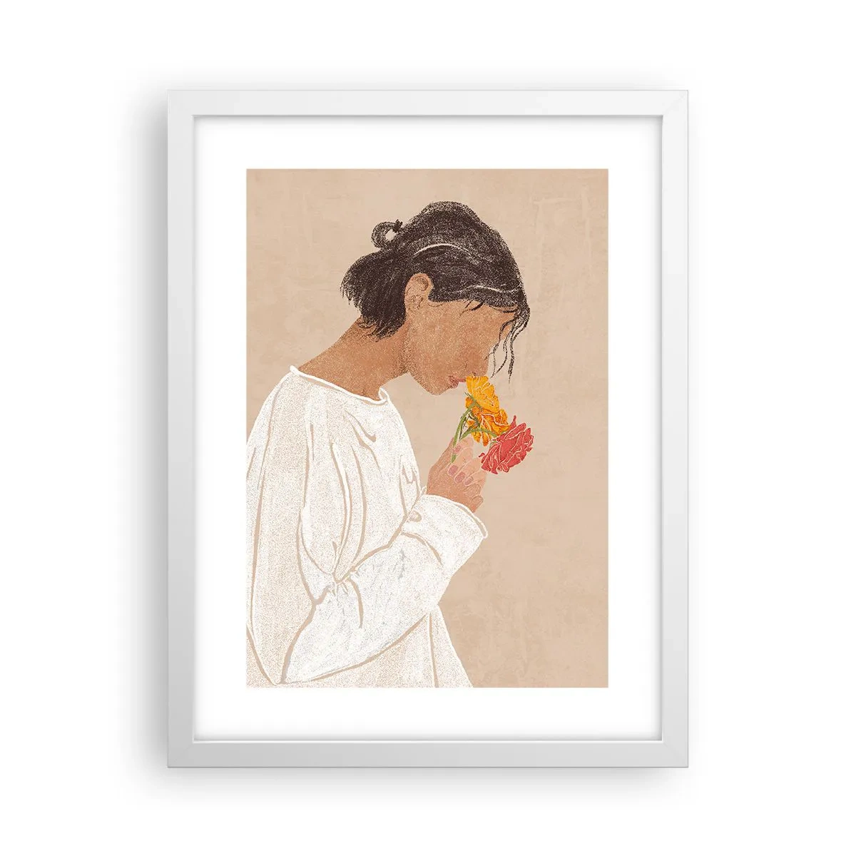 Plagát v bielom ráme - Dievča a kvety - 30x40 cm