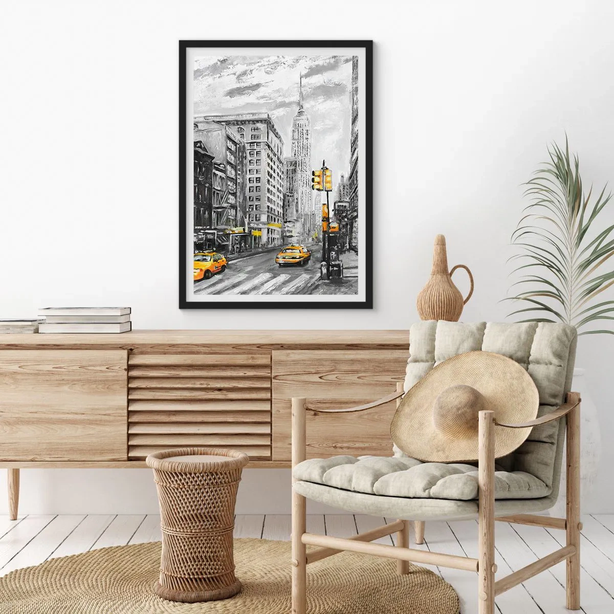 Plagát v čiernom ráme - Newyorská ulica so žltými taxíkmi v pozadí - 50x70cm - Newyorský príbeh - Moderná nástenná dekorácia do obývacej izby a spálne ARTTOR